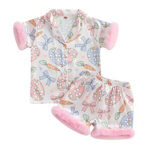 Kids Girls Easter Pajamas Set Easter Eggs Carrot Print Short Sleeve Set L13 03